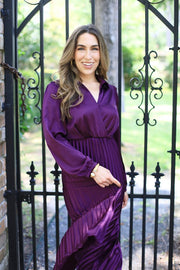 ELEGANT MOMENTS PLUM SATIN PLEATED DRESS