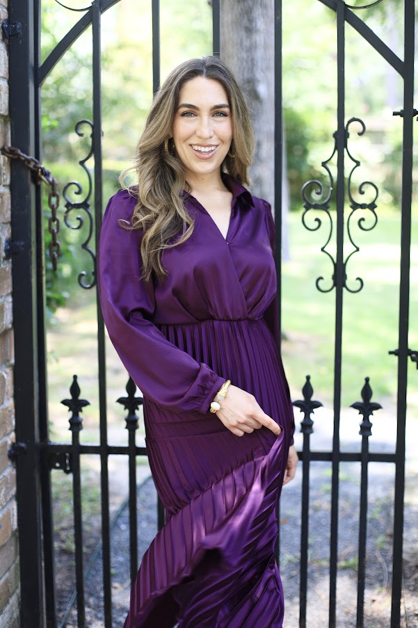 ELEGANT MOMENTS PLUM SATIN PLEATED DRESS