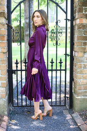 ELEGANT MOMENTS PLUM SATIN PLEATED DRESS