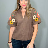 BLOOMS AT DUSK EMBROIDERED SLEEVE TOP