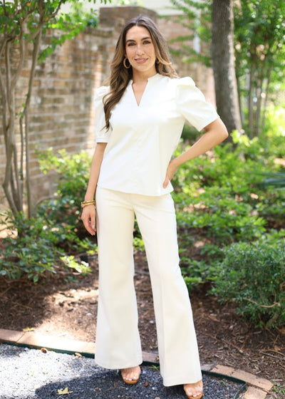 FOR THE RIGHT MOMENT IVORY FAUX LEATHER BLOUSE