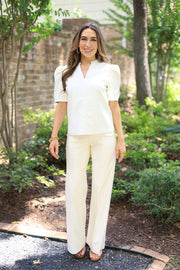 FOR THE RIGHT MOMENT IVORY FAUX LEATHER BLOUSE