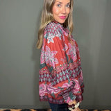 BUBBLY BLOOM FLORAL BORDER PRINT RUFFLE BLOUSE