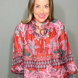 BUBBLY BLOOM FLORAL BORDER PRINT RUFFLE BLOUSE