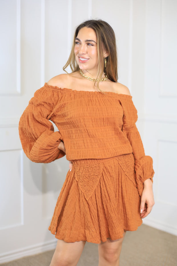 HERE FOR A GOOD TIME OFF SHOULDER RUST DRESS