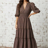 FALL VIBES CHOCOLATE CHECK MAXI  DRESS