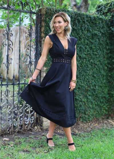 ICONIC CRUSH SLEEVELESS LACE TRIM MIDI DRESS
