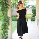 ONLINE EXCLUSIVE:  LEFT AN IMPRESSION BLACK OFF SHOULDER DRESS