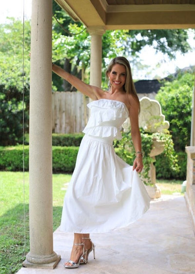 SPECIAL MOMENTS WHITE STRAPLESS MAXI DRESS