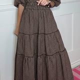 FALL VIBES CHOCOLATE CHECK MAXI  DRESS