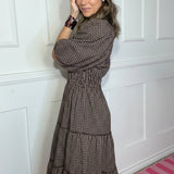 FALL VIBES CHOCOLATE CHECK MAXI  DRESS
