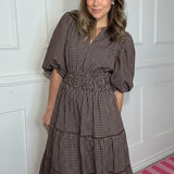 FALL VIBES CHOCOLATE CHECK MAXI  DRESS