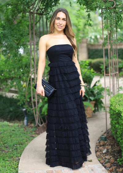 DRAMATIC ALLURE BLACK RUFFLE STRAPLESS MAXI