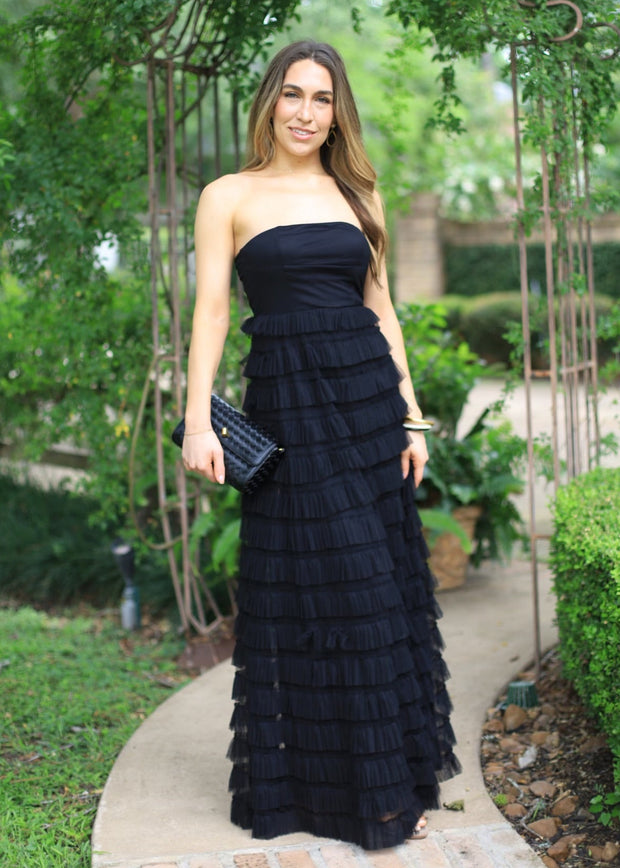 DRAMATIC ALLURE BLACK RUFFLE STRAPLESS MAXI