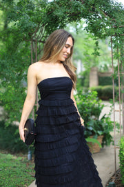 DRAMATIC ALLURE BLACK RUFFLE STRAPLESS MAXI