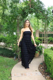 DRAMATIC ALLURE BLACK RUFFLE STRAPLESS MAXI