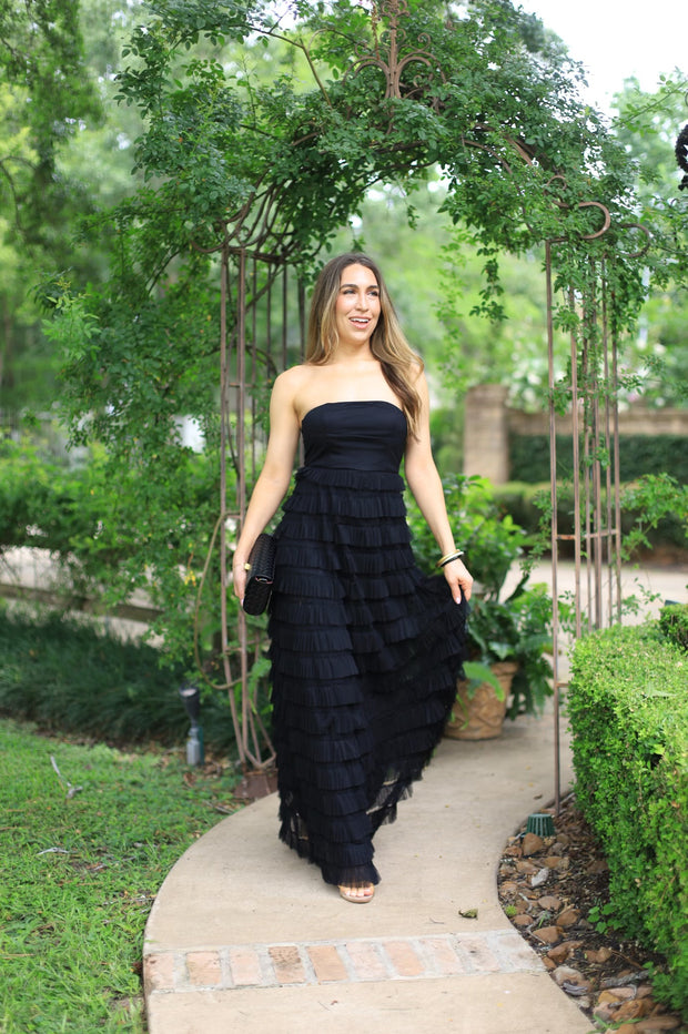 DRAMATIC ALLURE BLACK RUFFLE STRAPLESS MAXI