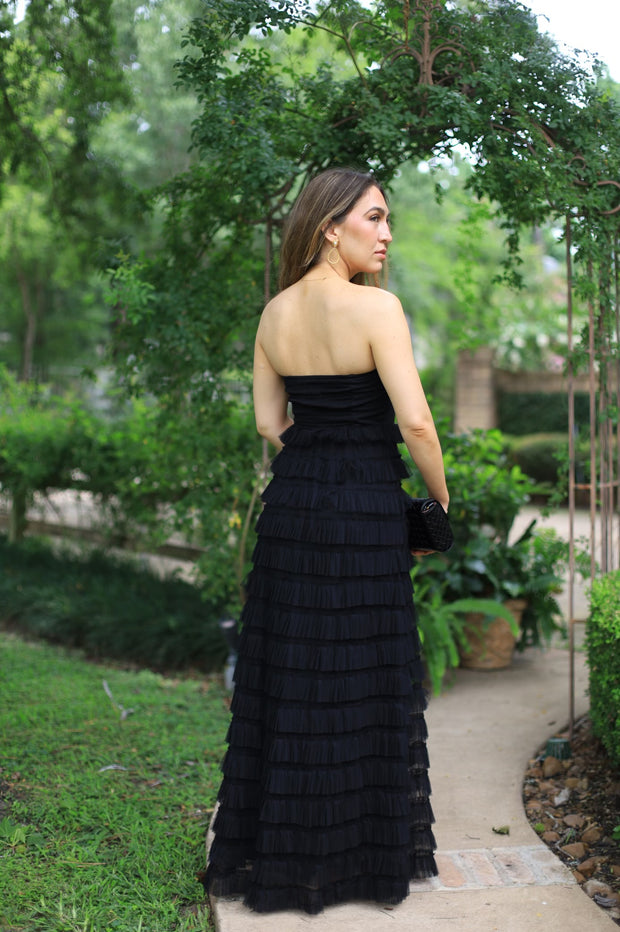 DRAMATIC ALLURE BLACK RUFFLE STRAPLESS MAXI