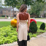 CHOCOLATE WITHOUT THE GUILT COLOR BLOCK FAUX LEATHER DRESS