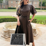 CHIC AFFAIR CHOCOLATE FAUX LEATHER MIDI DRESS