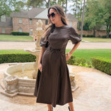 CHIC AFFAIR CHOCOLATE FAUX LEATHER MIDI DRESS