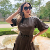 CHIC AFFAIR CHOCOLATE FAUX LEATHER MIDI DRESS