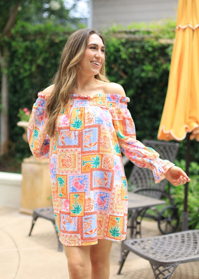 ON TROPIC TIME RUFFLE OFF SHOULDER MINI DRESS