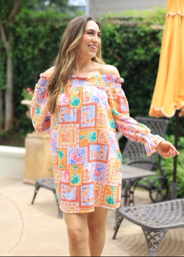 ON TROPIC TIME RUFFLE OFF SHOULDER MINI DRESS