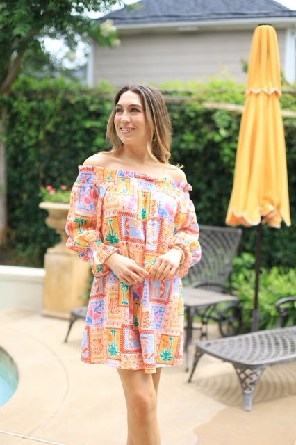 ON TROPIC TIME RUFFLE OFF SHOULDER MINI DRESS