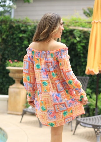 ON TROPIC TIME RUFFLE OFF SHOULDER MINI DRESS