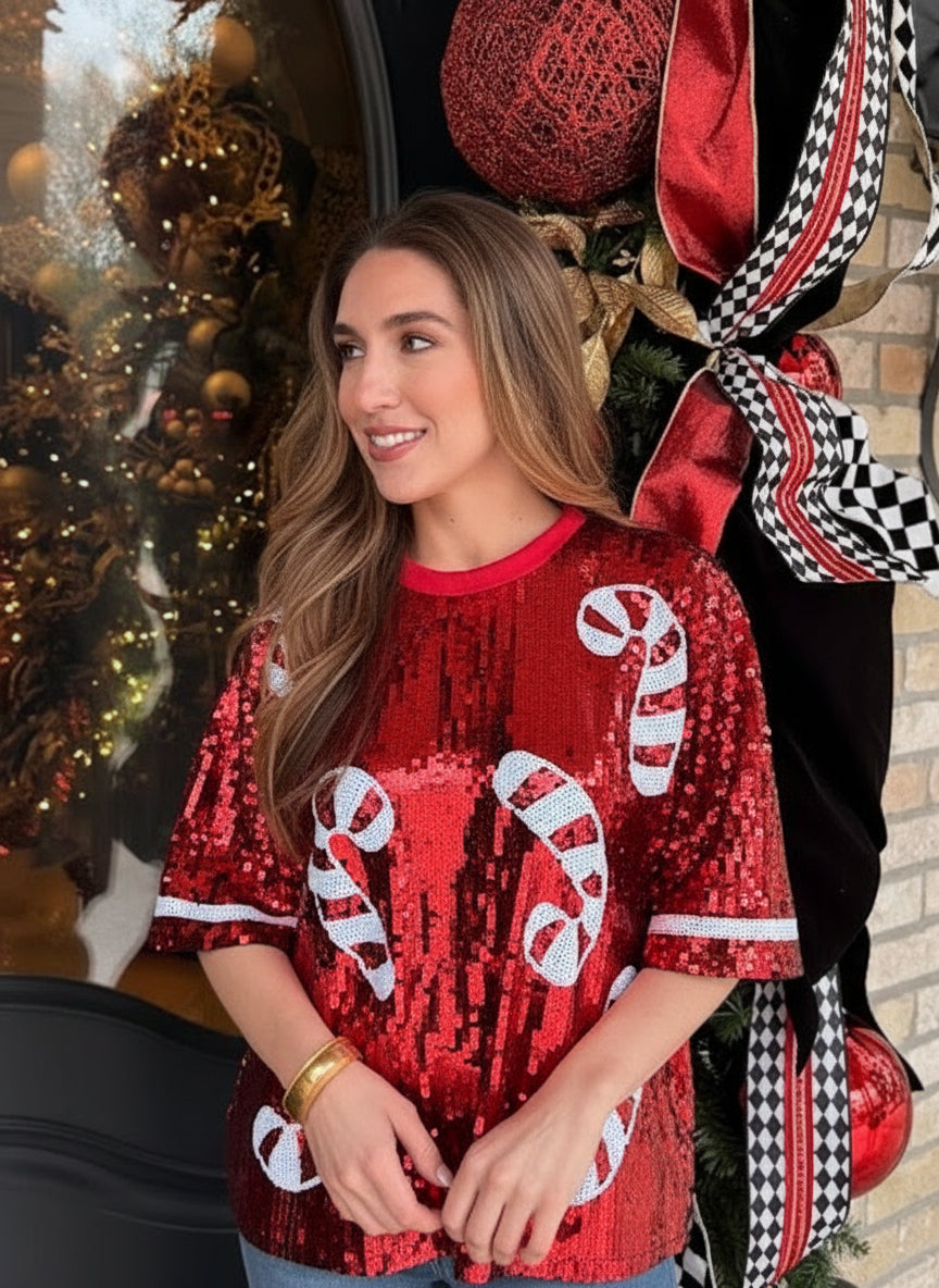 HOLIDAY PERSONALITY SEQUIN TOPS - CANDY CANE OR GRINCH