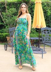 GLAM GARDENS GREEN FLORAL MAXI DRESS