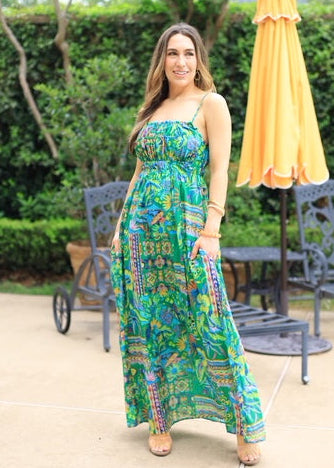 GLAM GARDENS GREEN FLORAL MAXI DRESS