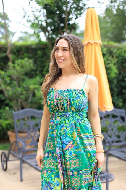 GLAM GARDENS GREEN FLORAL MAXI DRESS