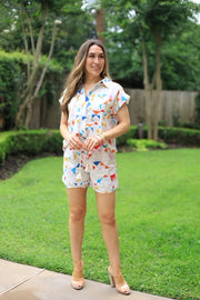 PICNIC PLANS LINEN BLEND GEOMETRIC PRINT BLOUSE