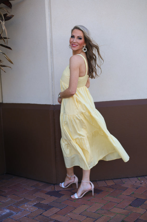 RAY OF CHARM YELLOW SLEEVELESS TIERED MAXI DRESS