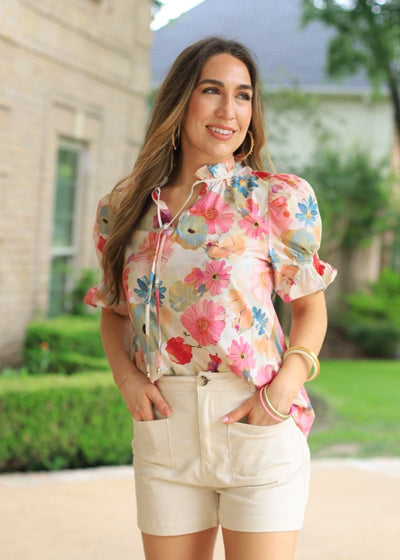 FRESH BLOOMS PINK FLORAL COTTON BLOUSE