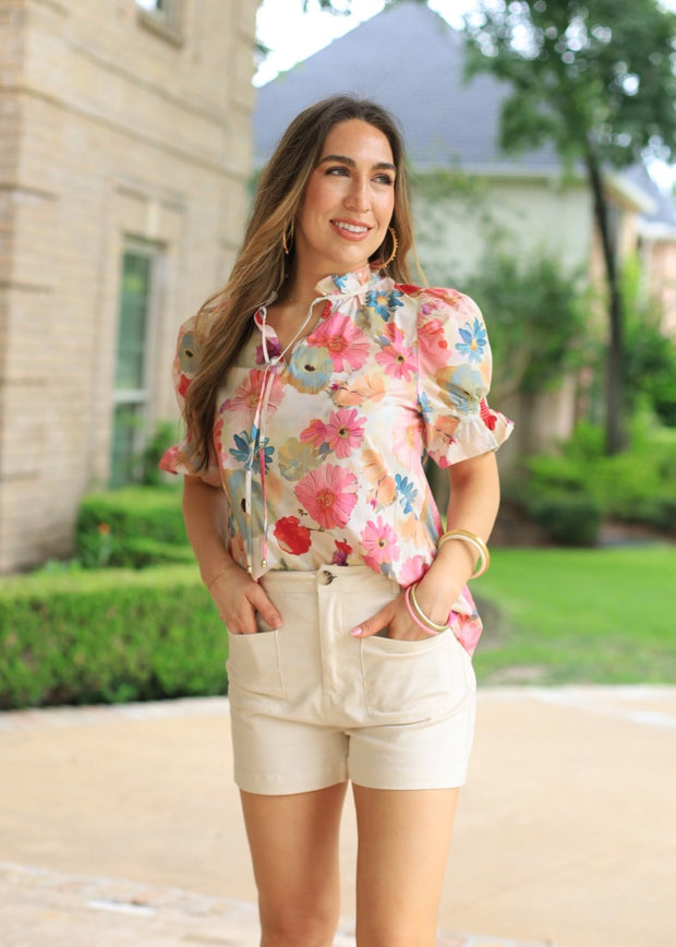 FRESH BLOOMS PINK FLORAL COTTON BLOUSE