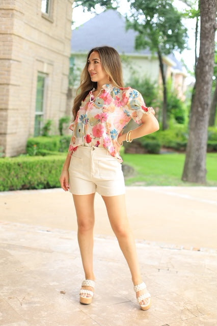 FRESH BLOOMS PINK FLORAL COTTON BLOUSE