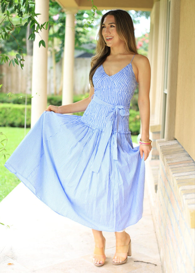 SUNLIT STROLL BLUE PINSTRIPE MAXI DRESS