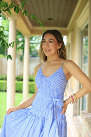 SUNLIT STROLL BLUE PINSTRIPE MAXI DRESS