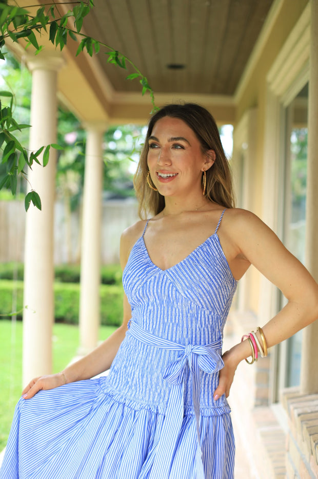 SUNLIT STROLL BLUE PINSTRIPE MAXI DRESS