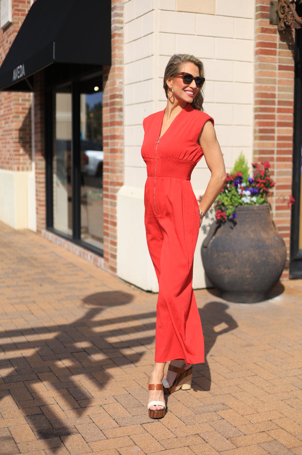 MANHATTAN ROMANCE SMOCKED RED JUMPSUIT