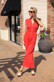 MANHATTAN ROMANCE SMOCKED RED JUMPSUIT