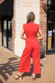 MANHATTAN ROMANCE SMOCKED RED JUMPSUIT