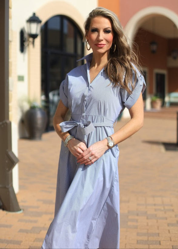 ADORABLE IMPRESSION PINSTRIPE MIDI DRESS