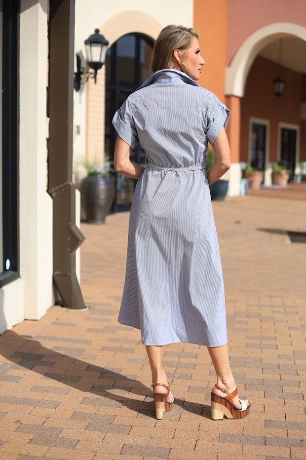 ADORABLE IMPRESSION PINSTRIPE MIDI DRESS