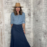 FARMERS MARKET PANEL SEAM A-LINE DENIM MAXI SKIRT