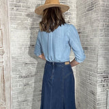 FARMERS MARKET PANEL SEAM A-LINE DENIM MAXI SKIRT