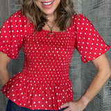 DANCING IN THE SUN RED POLKA DOT PEPLUM TOP